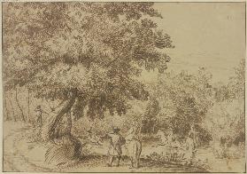 Waldpartie, zwei Reiter sprengen einen Hirsch durchs Wasser, eine Dame zu Pferde sieht zu