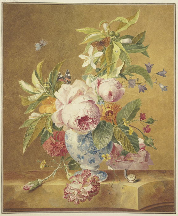 Ein Blumenbouquet in blauer Vase mit drei Schmetterlingen, vorne rechts eine Schnecke from Jan Matthias Kok