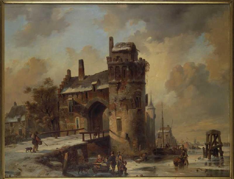 Wintry riverside at an old town gate from Jan Michael Ruyten