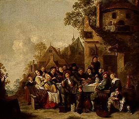 Happy society in front of the pub for the half-moon in Haarlem. from Jan Miense Molenaer