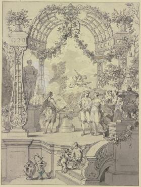 Ein Brautpaar mit Hymen an einem Altar stehend, Amor schwebt über ihnen mit reicher Architektur