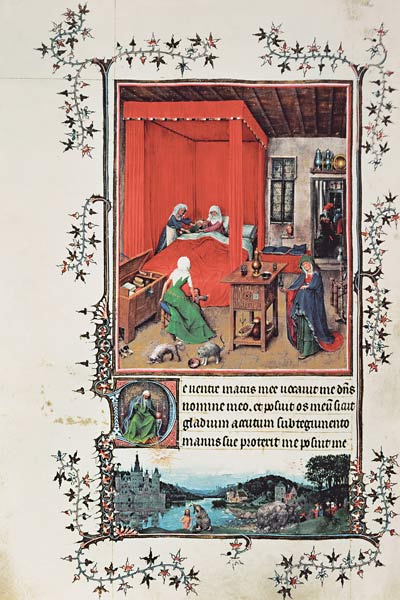 f.93v The Birth of John the Baptist and the Baptism of Christ, from the 'Hours of Milan', 1422 from Jan van Eyck