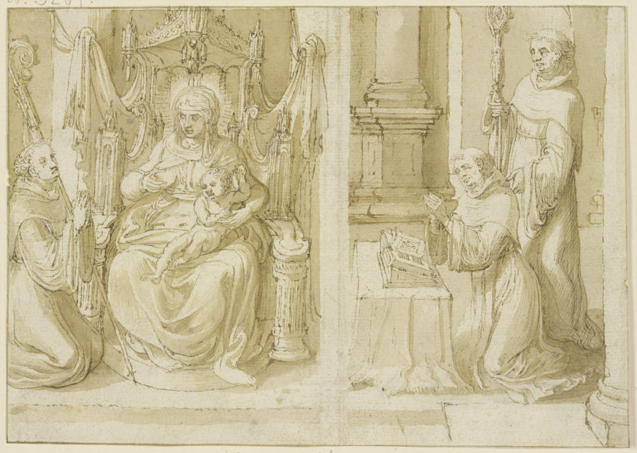 Maria auf dem Throne mit entblößtem Busen von drei Heiligen angebetet from Jan van Gossaert gen. Mabuse