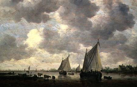 A Canal in Holland, or Two Large Sailing Ships and Cattle Near a River from Jan van Goyen
