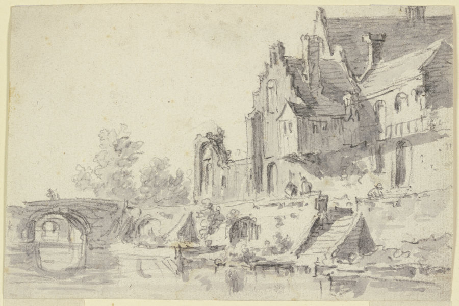 Rechts an einem Wasser alte Häuser mit einer Treppe, über das Wasser führen zwei steinerne Brücken from Jan van Goyen