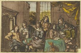Sieben Herren in einem Zimmer um einen grünen Tisch sitzend, mit Papieren beschäftigt, dabei ein Hun