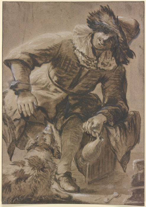Sitzender Mann mit Pelzmütze und Weinkrug, dabei ein Hund from Johannes Vermeer