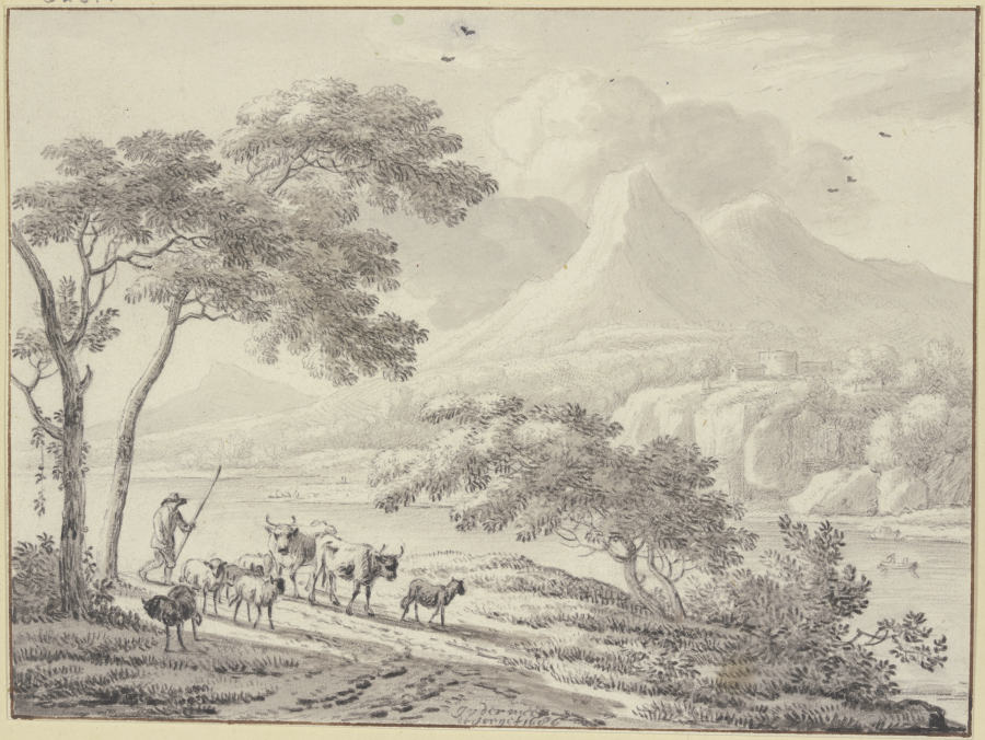An einem Fluss hoher Gebirge, links unter einer Baumgruppe zwei Kühe und Schafe mit einem Hirten from Jan Vermeer van Haarlem d. Ä.