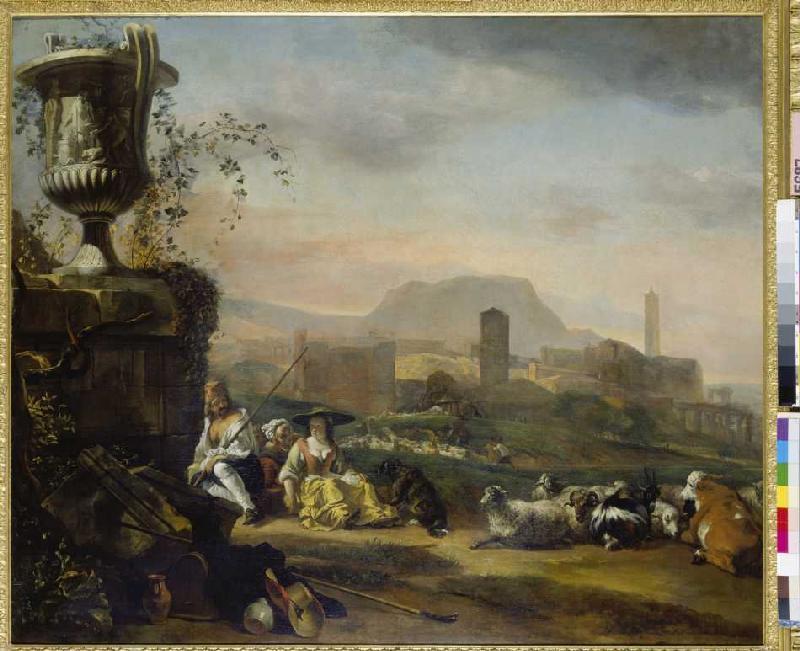 Roman landscape with shepherds and herd from Jan Weenix