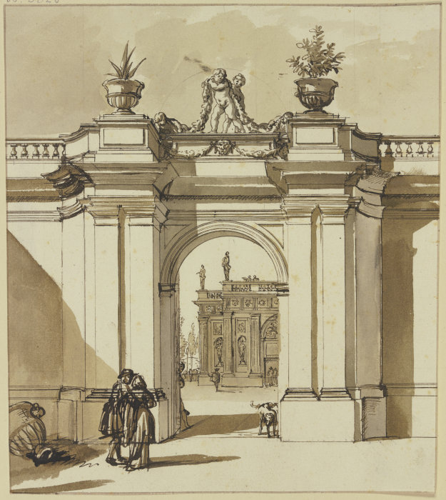 Portal eines Palastes, davor zwei Figuren und ein sitzender Hund from Jan de Bisschop