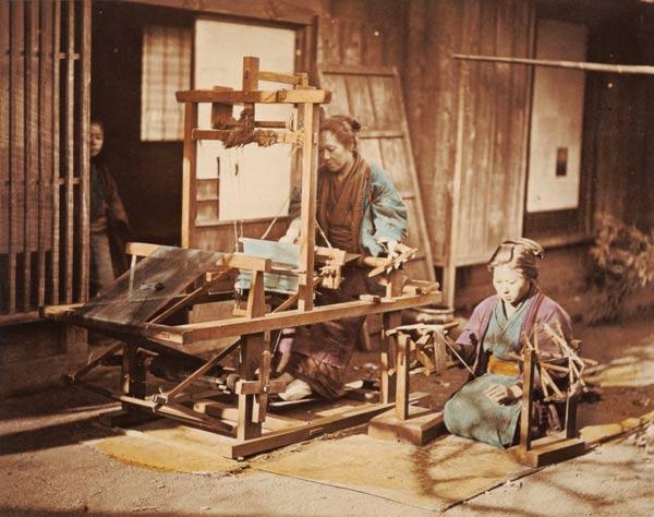 Japanese women weaving, c.1890 (hand-coloured photo)