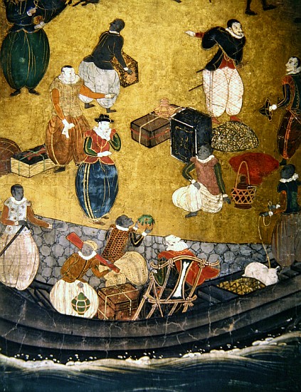 The Arrival of the Portuguese in Japan, detail of unloading merchandise, from a Namban Byobu screen, from Japanese School