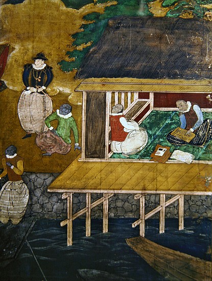 The Arrival of the Portuguese in Japan, detail of a house on stilts, from a Namban Byobu screen, 159 from Japanese School