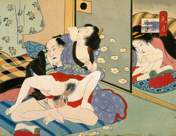 Woman Observing as Couple Have Sex (w/c on silk) from Japanese School