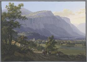 Vue de la ville de St. J[e]oire à 5. lieus de Genève, et des Montagnes de Machily, et Fausigny