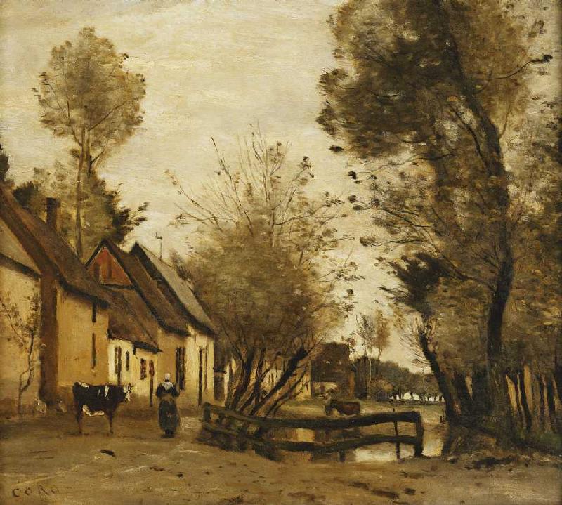 Flesselles, Straße mit Bauer und Kuh (Flesselles, une Rue avec une Paysanne et sa Vache) from Jean-Baptiste-Camille Corot