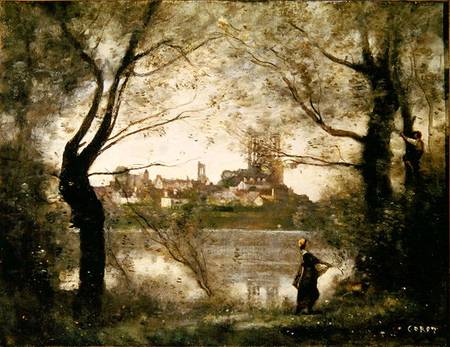 View of the Town and Cathedral of Mantes Through the Trees, Evening from Jean-Baptiste-Camille Corot