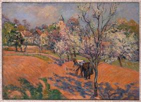 Farmers at the Bohnensäen under blossoming fruit-trees