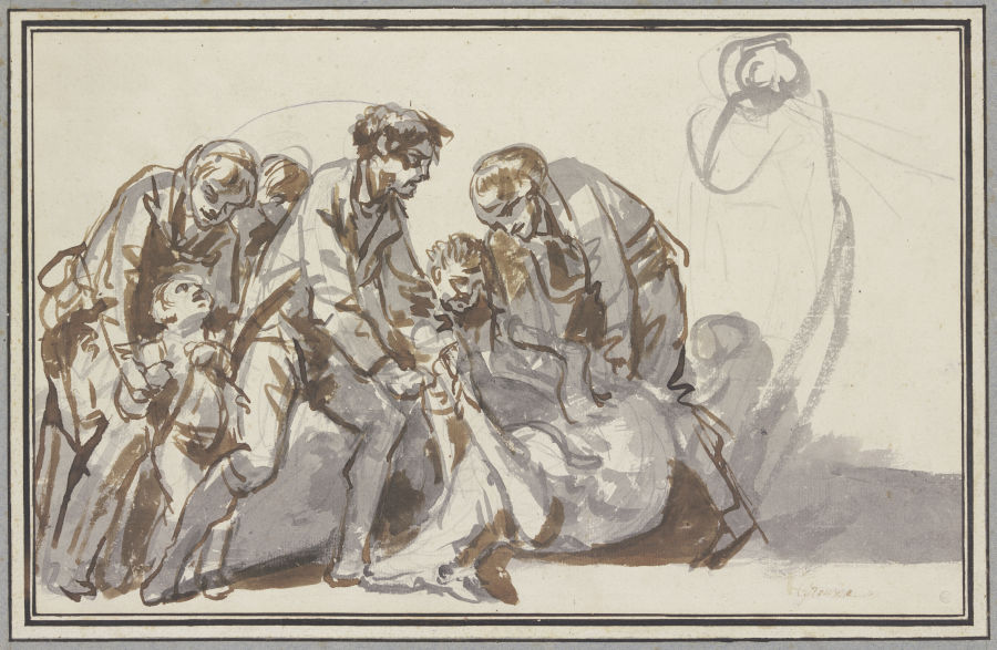 Figurengruppe mit zwei Männern, die einer am Boden liegenden toten Hirschkuh die Hufe zusammenzubind from Jean Baptiste Greuze