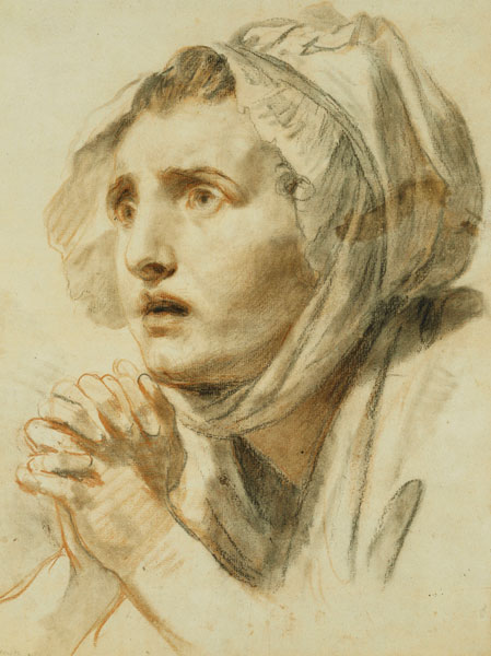 Frau mit gefalteten Händen und angstvollem Blick. from Jean Baptiste Greuze