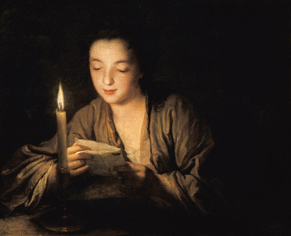 Mädchen, bei Kerzenlicht einen Brief lesend from Jean Baptiste Santerre