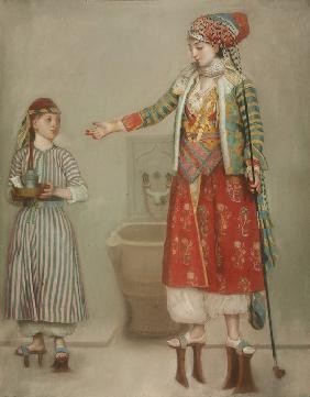A lady in Turkish costume with her servant at the hammam