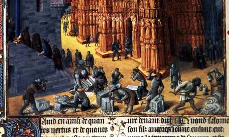 Fr 847 f.153 The Building of the Temple of Jerusalem, detail showing masons at work from Jean Fouquet