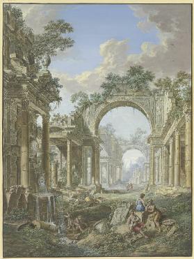 Römische Ruinen, links ein Brunnen, mit Staffage