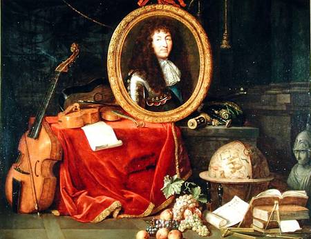 Still life with portrait of King Louis XIV (1638-1715) surrounded by musical instruments, flowers an from Jean Garnier