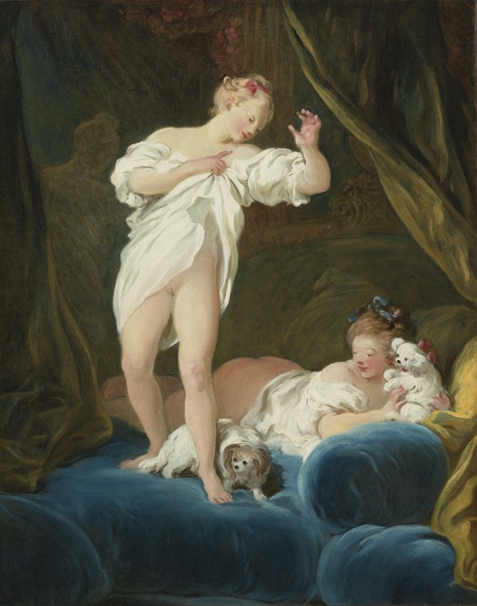 Two Girls on a Bed Playing with their Dogs from Jean Honoré Fragonard