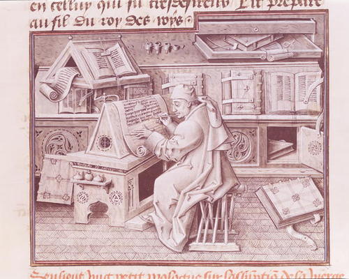 Ms 9198 f.19 The copyist Jean Mielot (fl.1448-68) working in his scriptorium, from ' Life and Miracl from Jean I Le Tavernier