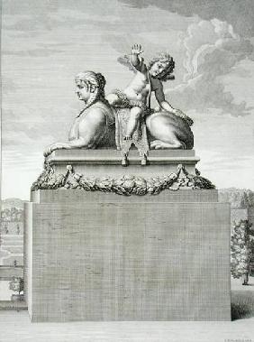 Figure of a sphinx in white marble, carrying a bronze Cupid, at Versailles, 1676, from 'Vues et Plan