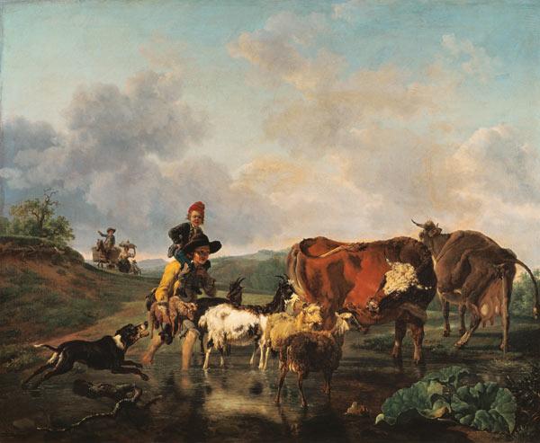 Smallholder with herd when passing through a river.