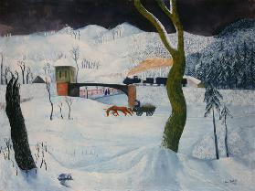 Winter landscape with waggon and train