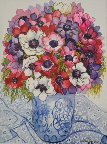 Anemones in a Blue and White Pot, with Blue and White Textile