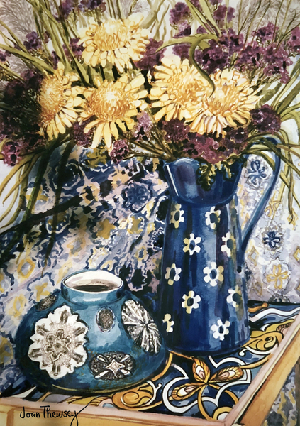 Blue against Blue - Chrysanthemums and Blue Enamel Jug on an Italian Tile from Joan  Thewsey