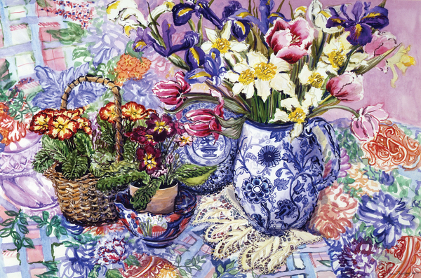 Daffodils, Tulips and Iris in a Jacobean Blue and White Jug with Sanderson Fabric and Primroses from Joan  Thewsey