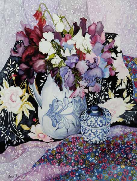 Sweet peas in a blue and white jug with blue and white pot and textiles from Joan  Thewsey