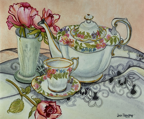 Teatime with Roses and a cutwork cloth from Joan  Thewsey