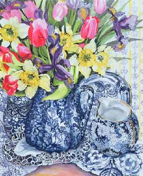 Daffodils, Tulips and Irises with Blue Antique Pots (w/c) 