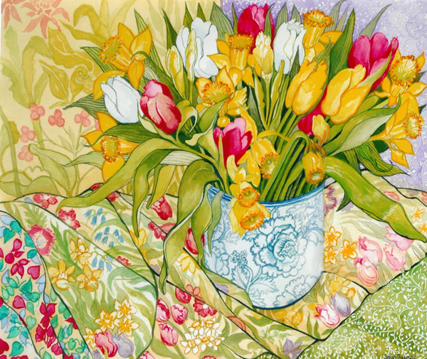 Tulips and Daffodils with Patterned Textiles from Joan  Thewsey