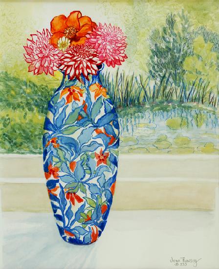 Vase with Dahlias and View of the Pond