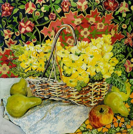 Yellow Primroses in a Basket,with Fruit and Textiles