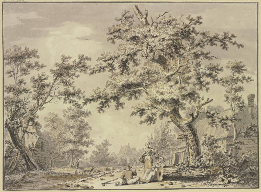 Unter einem Baum zwei Frauen und ein Bauer mit einem Sack from Johan Bernhard Brandhoff