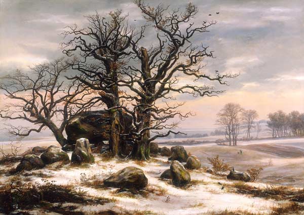 Megalithic grave in winter from Johan Christian Clausen Dahl