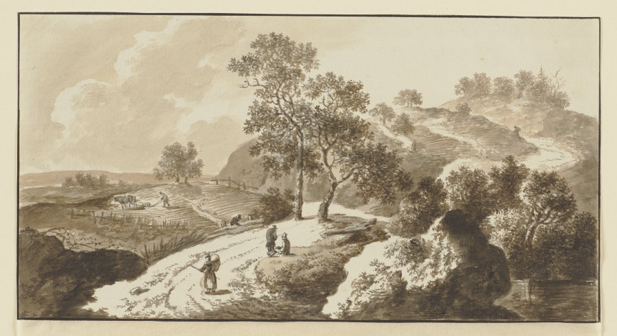 Bewaldete Anhöhe hinter einem Acker, Staffagefiguren auf dem Weg und dem Feld from Johann Alexander Thiele