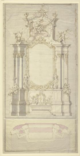 Altarentwurf: Rechts und links von der Rahmung für das Altarblatt stehen die beiden Johannes, zu Füß