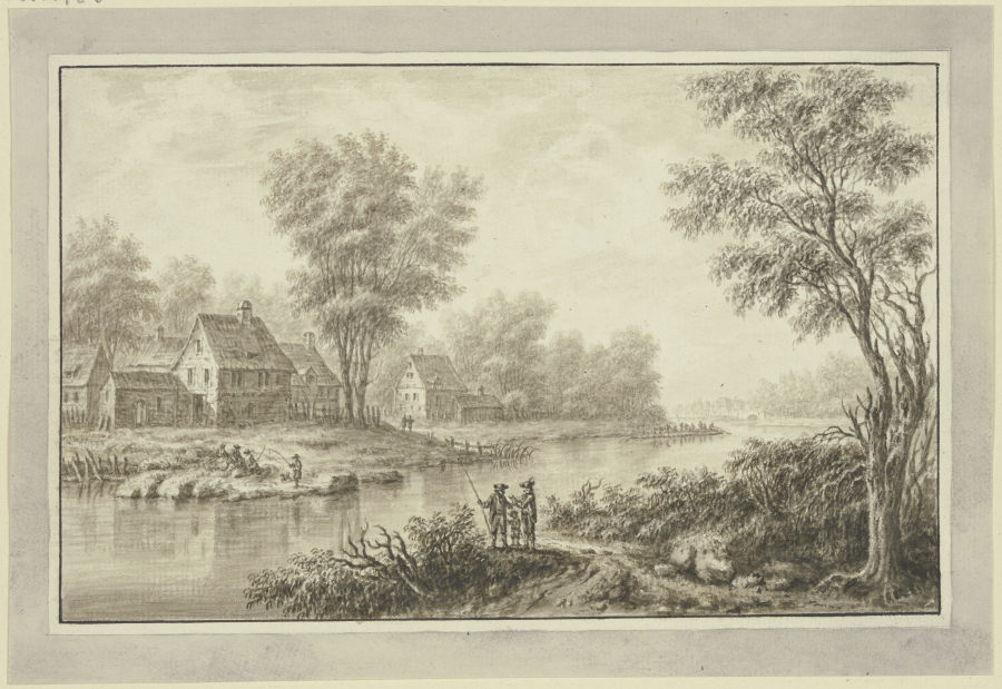 Blick auf einen Fluß, am linken Ufer eine Häusergruppe unter Bäumen, im Vordergrund eine Anglergrupp from Johann Caspar Zehender