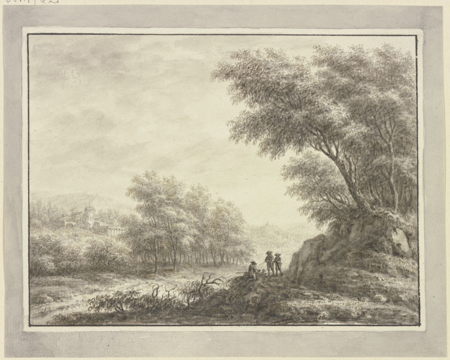 Waldweg mit drei Jägern, links Durchblick auf eine Schloßanlage from Johann Caspar Zehender