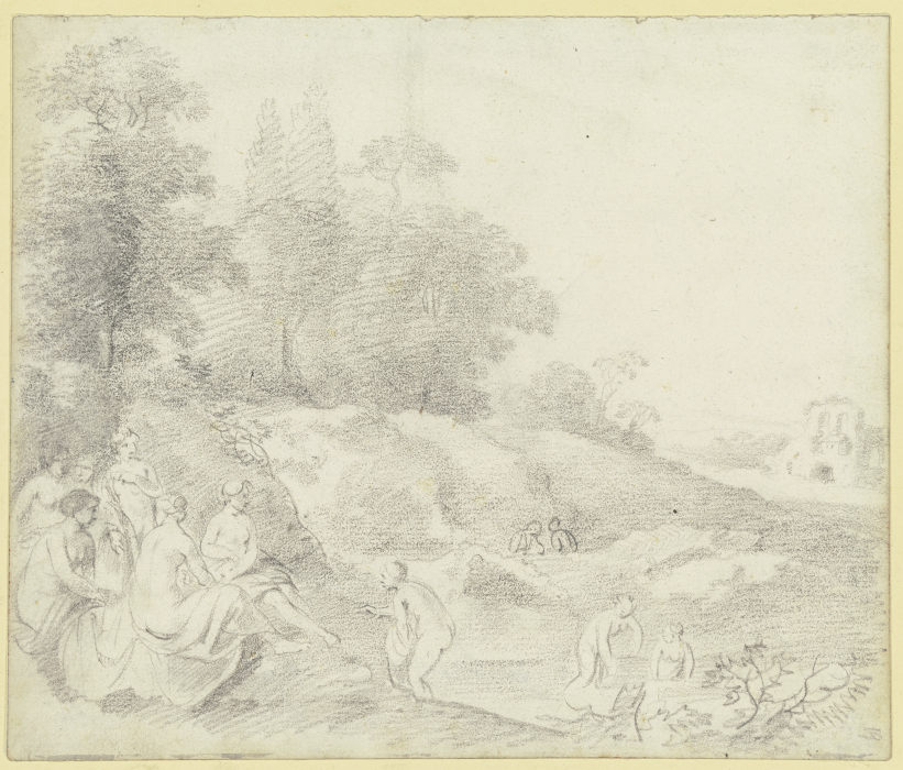 Gruppe von zehn badenden und am Ufer lagernden Mädchen an einem Waldrand from Johann Christian Klengel